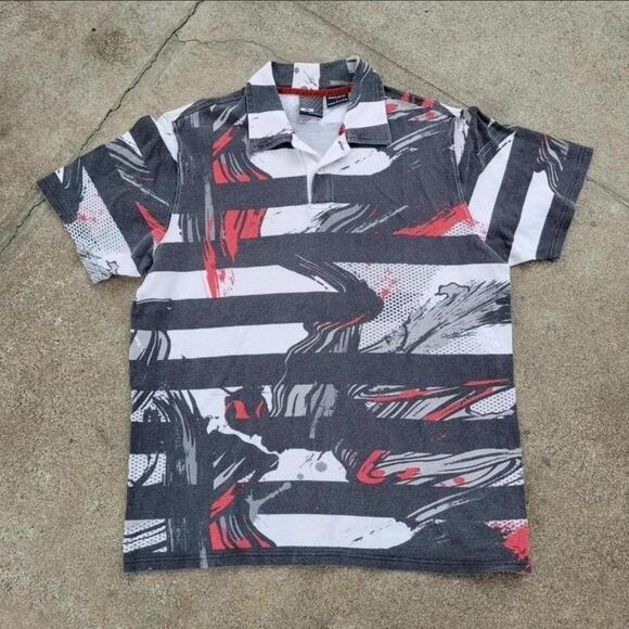 Vtg 90s Y2k Rare OAKLEY Abstract Wave Splash Stripe All Over Print Polo Shirt L - Picture 1 of 4